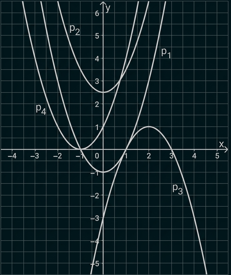 Graph mit vier Parabeln im Koordinatensystem, beschriftet p1 bis p4.